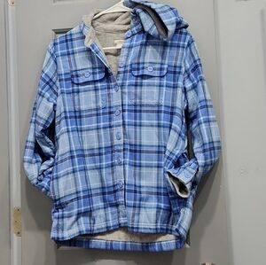 L.L. Bean Blue Plaid Fleece Lined Flannel Button Down Hoodie Jacket petite XXS